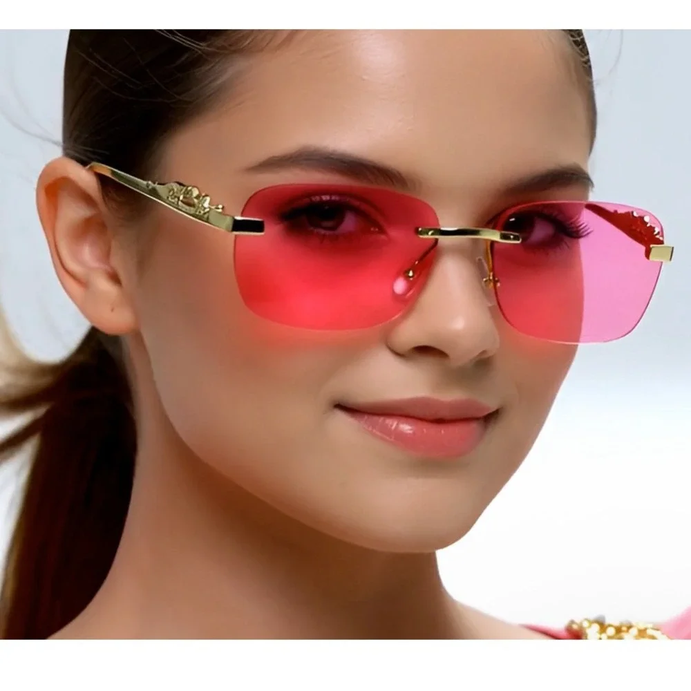 Rimless‎ Sunglasses Gold Leopard Accent Pink Lens Fashion Trendy Designer Women